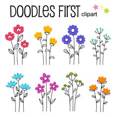 doodles first clipart with flowers in different colors and sizes on a white background