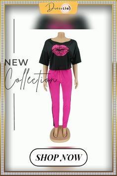 Lip Print Middle Sleeve T-shirt+ Contrast Color Trousers Two-piece Set Spring Two-piece Set Tops For Night Out, Spring Two-piece Tops For Night Out, Spring Short Sleeve Two-piece Top, Spring Two-piece Short Sleeve Top, Casual Pink Cotton Pant Set, Casual Pink Pant Set For Spring, Pink Two-piece Tops For Summer, Casual Stretch Two-piece Tops, Casual Two-piece Stretch Tops