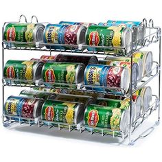 three tiered spice rack holds cans of canned food