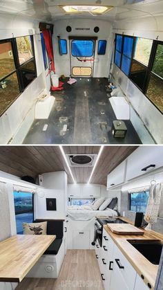 the inside and outside of an rv with wood flooring, windows, and cabinets