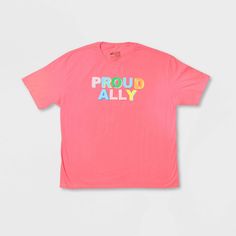 The Phluid Project is a business grounded in community, activism, and education. We value inclusivity and celebrate individuals regardless of body, size, ability, race, gender, faith, and nationality. Embrace the spirit of inclusivity with our comfy yet sytlish, Pink "Proud Ally" T-Shirt adorned with radiant Proud Ally rainbow graphic lettering. Pride Letter Print Short Sleeve T-shirt, Pride Cotton Graphic Tee, Proud Ally, Graphic Lettering, Pride Graphic Print Relaxed Fit T-shirt, Pride Graphic Print Short Sleeve T-shirt, Pink Cotton T-shirt With Rainbow Print, Rainbow Graphic, Rainbow Flag Pride