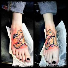 two pictures of someone's feet with tattoos on them and one has a teddy bear