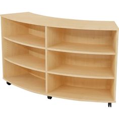 a curved wooden shelf with wheels on the bottom and shelves below it that are empty