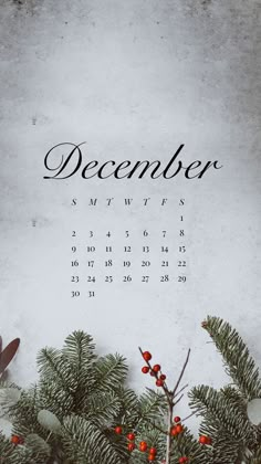 a december calendar with evergreen branches and red berries on the bottom right hand corner, in front of a white background