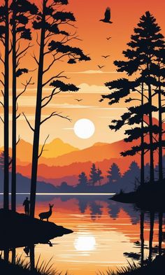 a sunset scene with trees and birds in the foreground