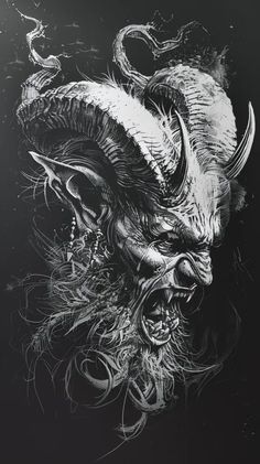 a black and white drawing of a demon with large horns on it's head