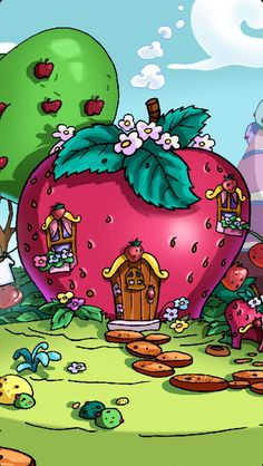 an animated strawberry with lots of tiny houses on it's side and trees in the background