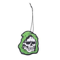 a green bag with a skull wearing sunglasses hanging from it's string on a white background