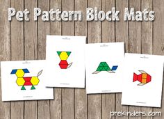 four different colored paper pieces with the words pet pattern block mats