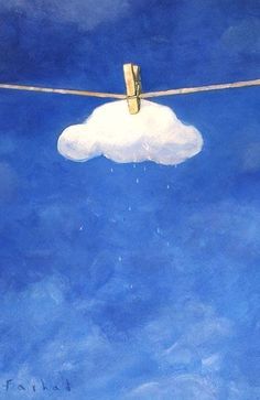 a painting of a white cloud floating in the sky on a rope with clothes pins attached to it