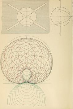 an old book with lines and shapes on the pages, including circles in different directions