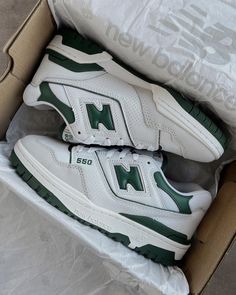 White and green NB 550 Nb Sneakers, New Balance 550 White, Nb Shoes, Streetwear Shoes, Shoe Wishlist, Green Sneakers, Fresh Shoes, Hype Shoes, Shoe Inspo