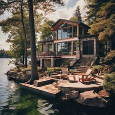 a house sitting on top of a lake surrounded by trees