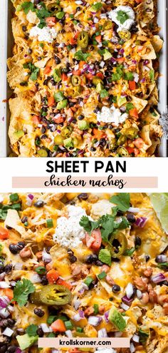 a sheet pan filled with chicken nachos and cheese