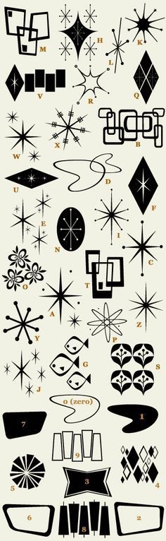 an assortment of black and white designs on a white background with gold dots, lines, and shapes