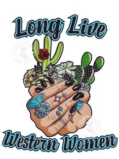 the long line western women logo with cactus and flowers in their hands, on a white background