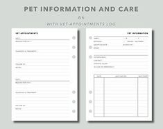 the pet information and care log is shown in two separate sections, one with an animal's name on it