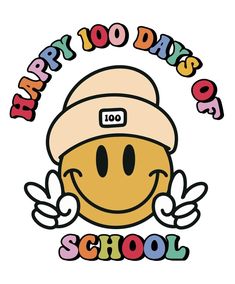 a smiley face wearing a hat with the words happy 100 days of school