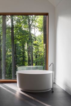 a large white bathtub sitting in front of a window next to a tree filled forest