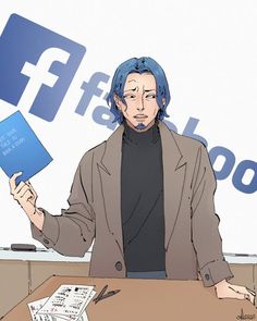 a man sitting at a table with a book in his hand and facebook logo behind him