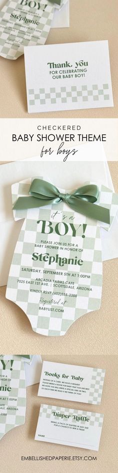 the baby shower theme is shown in three different colors and font, along with matching envelopes