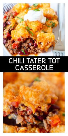 chili tater tot casserole on a plate with the title above it