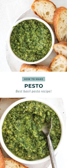 two bowls filled with pesto and bread