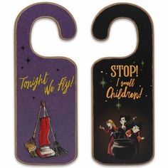 two door hangers that say, stop and i am olden with witches on them