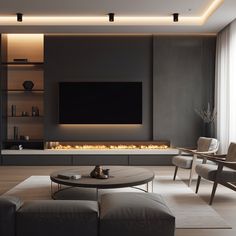 modern living room with fireplace and large screen tv on the wall, dark grey walls