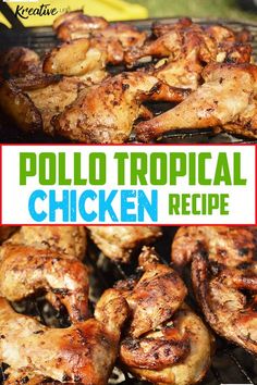 chicken wings cooking on the grill with text overlay that reads, polo tropical copycat recipe