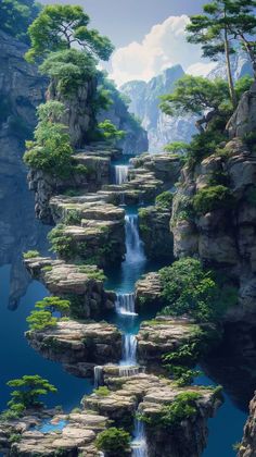 a painting of a waterfall in the middle of some rocks with trees growing on them