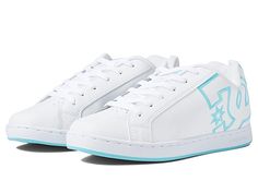 DC Court Graffik W - Women's Skate Shoes : White/White/Blue : A modern classic, the DC Court Graffik W casual shoes deliver with a clean silhouette and bold logo detail. Casual sneakers with heavy-duty suede, sturdy action nubuck, or soft and resilient action leather upper for abrasion-resistance and durability. Foam-padded tongue and collar for added comfort and support. Textile lining offers breathability. Internal elastic tongue holders for added foot stability. Rubber cupsole with iconic pil Sporty High-top Skate Shoes With Embossed Logo, Streetwear Skate Shoes With Embossed Logo, Casual Skate Shoes For Streetwear, Casual Lace-up Skate Shoes With Embossed Logo, Casual Low-top Skate Shoes With Embossed Logo, Dc Sneakers, Dc Court Graffik, Dc Shoes Women, Es Shoes