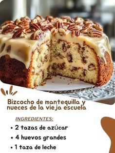 an advertisement for a cake with pecans on top and the words in spanish above it