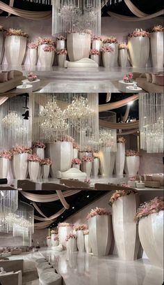 several images of white vases and chandeliers with flowers on the top one