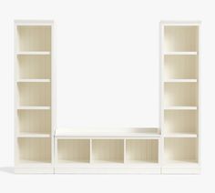 a white bookcase with two open shelves on each side and one closed shelf in the middle