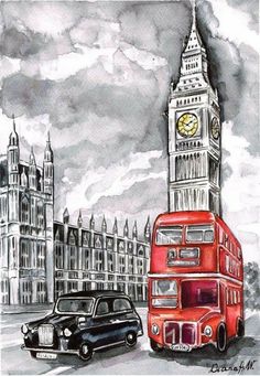 the big ben clock tower towering over the city of london in black and white with red double decker bus