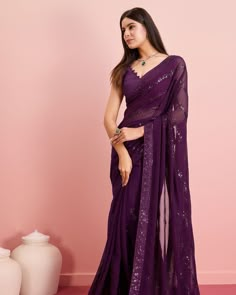 Purple Georgette Saree, Plain Georgette Saree, Sari Design, Gown Party Wear, Dresses By Pattern, Fancy Sarees Party Wear, Saree Gown