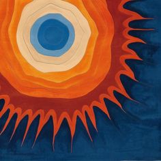 an orange and blue painting with circles on it