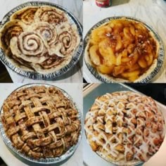 four pies with different toppings sitting on top of each other