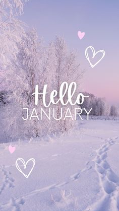 the words hello january written in white on a snowy field with trees and heart shapes