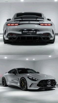 two different views of the front and back of a silver sports car in an empty room