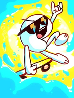 a cartoon character riding a skateboard in the air with his arms up and eyes closed