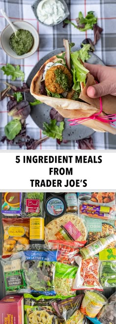 a person holding a tray full of food and the words 5 ingredient meals from trader joe's