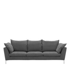 a gray couch with four pillows on the back and one arm extended to the side