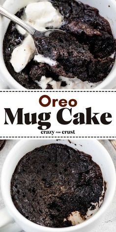 oreo mug cake in a white bowl with whipped cream on top and the text overlay reads oreo mug cake