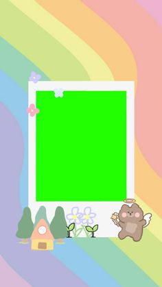 an image of a green screen in the middle of a rainbow colored background with animals around it