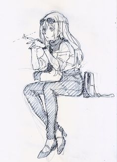 a pencil drawing of a woman sitting on a bench with her hand in her pocket