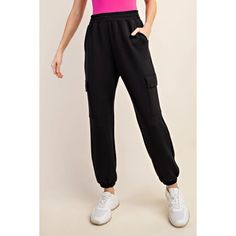 Modal Poly Cargo Jogger Pant - Black-K. Ellis Boutique Basic Leggings, Black Patch, Polyester Spandex Fabric, Cargo Joggers, Sweater Blouse, Spandex Fabric, Polyester Spandex, Black Media, Jogger Pants