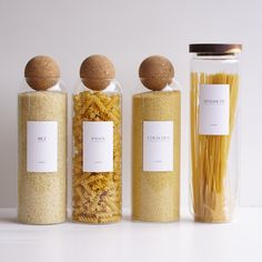 three jars with different types of pasta in them