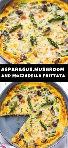 asparagus, mushroom and mozzarella frittata in a pizza pan